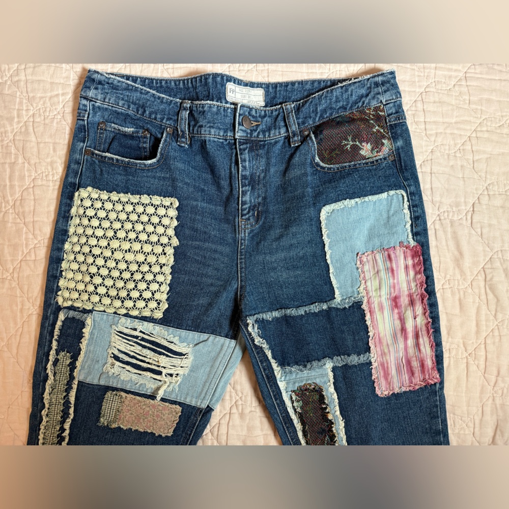 Free People Patchwork Plaid Tapestry Distressed Blue Jeans Boho Frayed Grunge - Picture 2 of 9